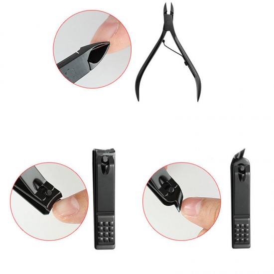 19 Pcs Black Stainless Steel Nail Clipper Cutter Trimmer Ear Pick Toe Manicure Tool