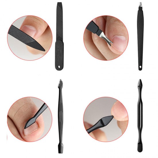 19 Pcs Black Stainless Steel Nail Clipper Cutter Trimmer Ear Pick Toe Manicure Tool
