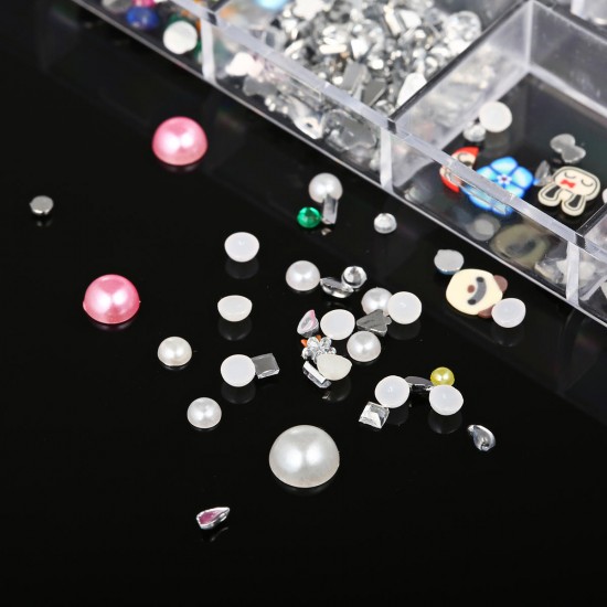 12 Grid Nail Art Acrylic 3D Rhinestone Glitters Beads Studs DIY Tips Decoration