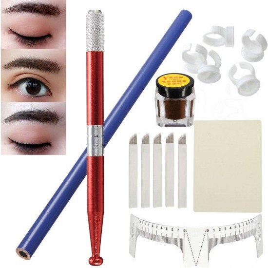 Permanent Makeup Eyebrow Tattoo Needle Micro Blading Pigment Manual Pen Kit