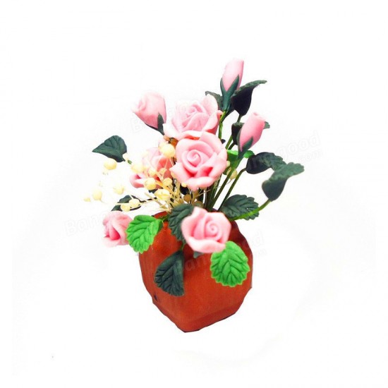 1:12 Dollhouse Miniature DIY Garden Clay Flowers Arrangement Pink Rose Red Pottery Basin Plant