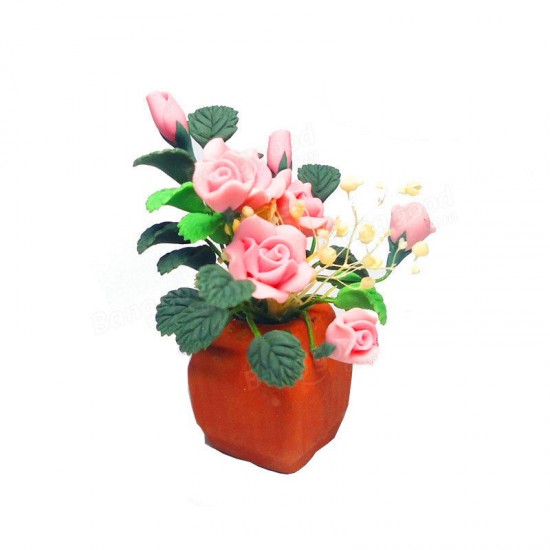 1:12 Dollhouse Miniature DIY Garden Clay Flowers Arrangement Pink Rose Red Pottery Basin Plant