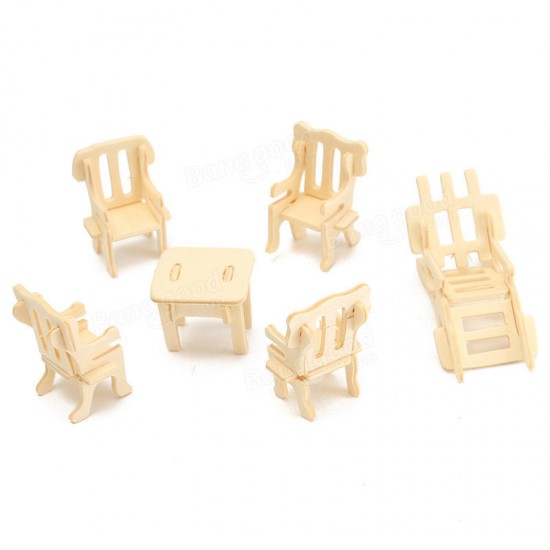 34 Pcs 3D DIY Wooden Miniature Dollhouse Furniture Model Unpainted Suite Toys