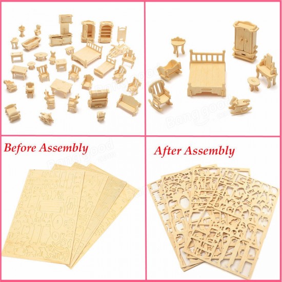 34 Pcs 3D DIY Wooden Miniature Dollhouse Furniture Model Unpainted Suite Toys