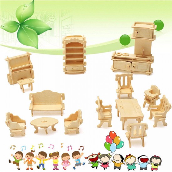 34 Pcs 3D DIY Wooden Miniature Dollhouse Furniture Model Unpainted Suite Toys 34 Pcs 3D DIY Wooden Miniature Dollhouse Furniture Model Unpainted Suite Toys