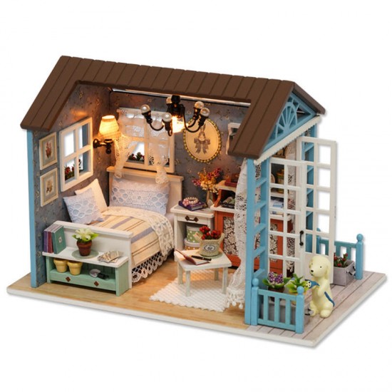 Cuteroom Wooden Kids Doll House With Furniture Staircase LED Lights Fits Barbie Dollhouse