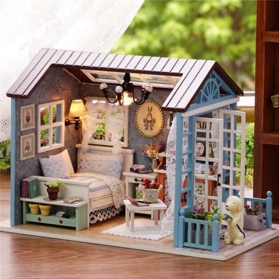 Cuteroom Wooden Kids Doll House With Furniture Staircase LED Lights Fits Barbie Dollhouse