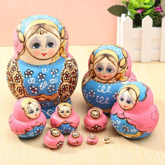 10pcs Hand Painted Blue Dolls Set Wooden Russian Nesting Babushka Matryoshka