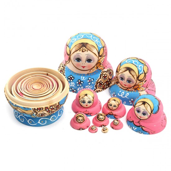 10pcs Hand Painted Blue Dolls Set Wooden Russian Nesting Babushka Matryoshka