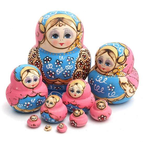 10pcs Hand Painted Blue Dolls Set Wooden Russian Nesting Babushka Matryoshka