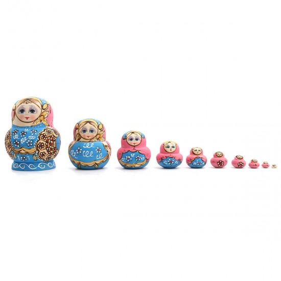 10pcs Hand Painted Blue Dolls Set Wooden Russian Nesting Babushka Matryoshka