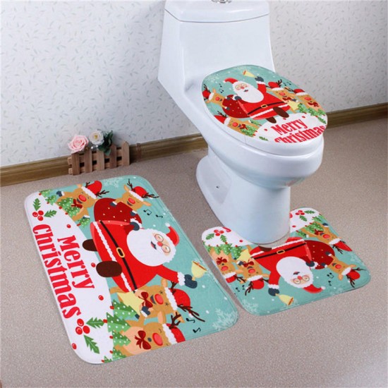 3PCS Christmas Home Decoration Snowman Santa Toilet Seat Cover Bathroom Mat Closestool Cover Rug