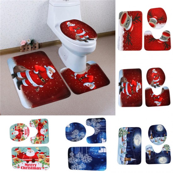 3PCS Christmas Home Decoration Snowman Santa Toilet Seat Cover Bathroom Mat Closestool Cover Rug