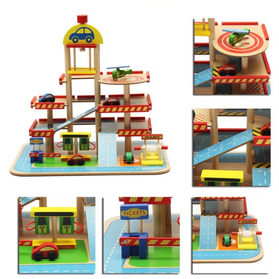 Assembling Simulation Large Stereo Three Layer Wooden Car Parking Lot Track Set For Kids Toys Gift