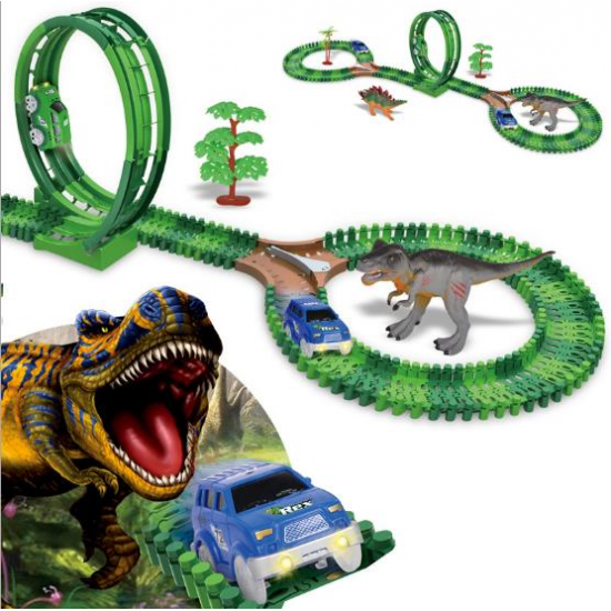 Dinosaur Slot Car Race Track Toys Kids Bridge Battery Toy Park Roller Coaster