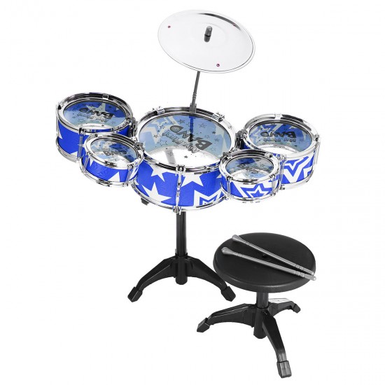 9Pcs Childs Kids Drum Kit Jazz Band Sound Drums Play Set Musical Toy With Stool Drumsticks