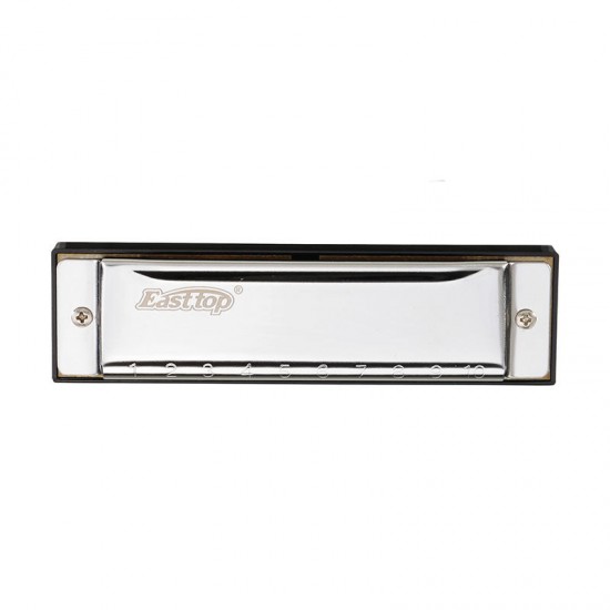 EASTTOP T10-B C Key 10 Holes Harmonica Blues Harp Stainless Steel Cover Plate with Plastic Box