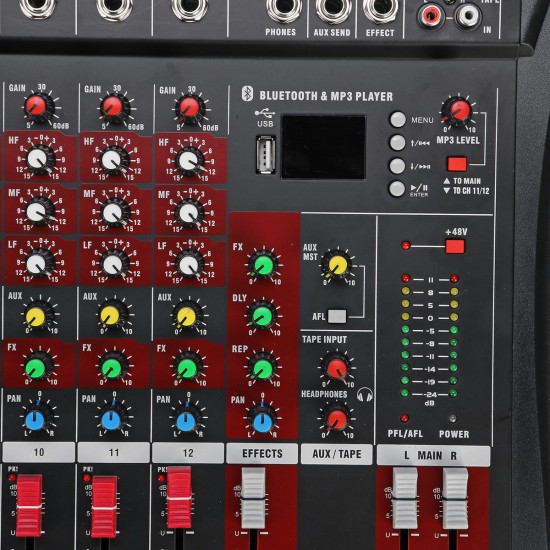 12 Channel bluetooth Live Studio Audio Mixer Mixing Console with USB XLR Input 48V Phantom