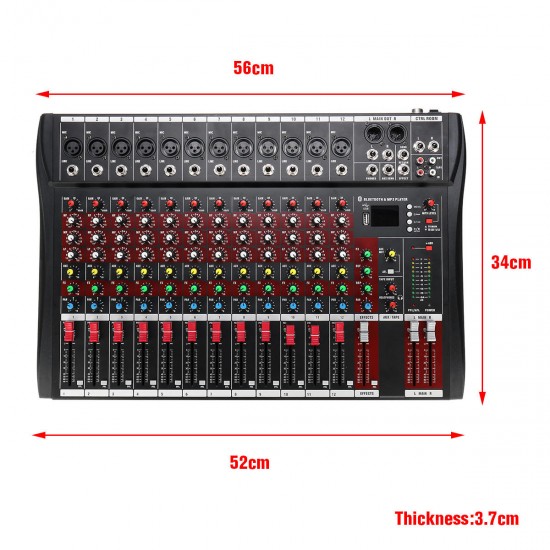 12 Channel bluetooth Live Studio Audio Mixer Mixing Console with USB XLR Input 48V Phantom