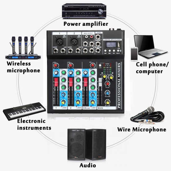 4 Channel USB Bluetooth Audio Mixer Portable Live Studio Mixing Console