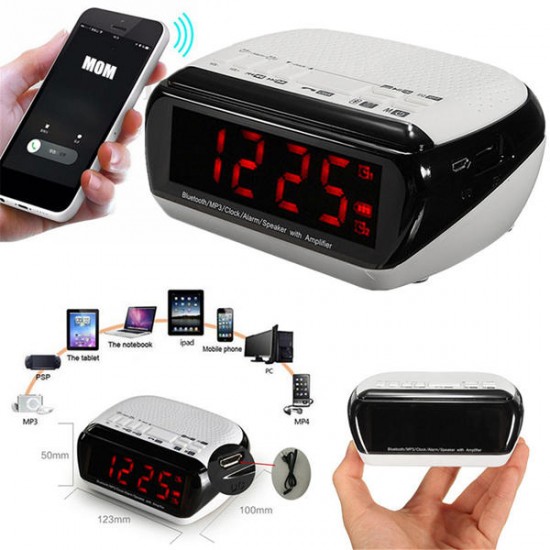 Bluetooth LED Wireless Speaker Mic LCD Alarm Clock TF FM Radio MP3 Music Player