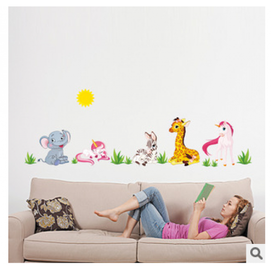 Cartoon Animal Elephant Giraffes Grass Bedroom Removable Wall Sticker Home Decor