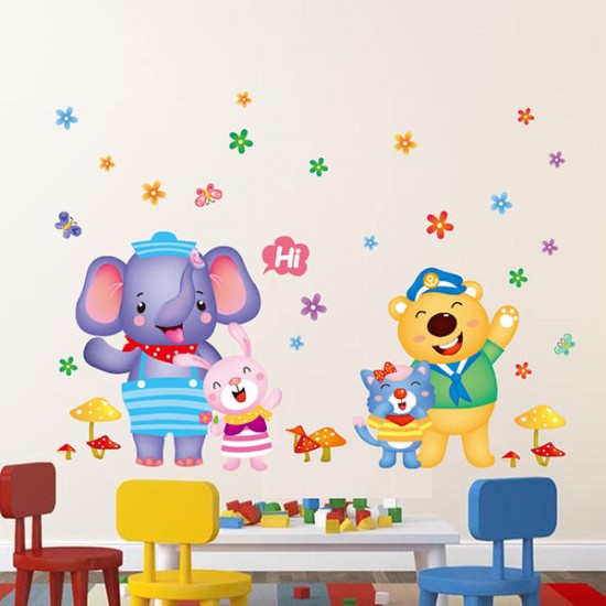 Lovely Kids Room Decor Cartoon Happy Elephant Bear Wall Sticker