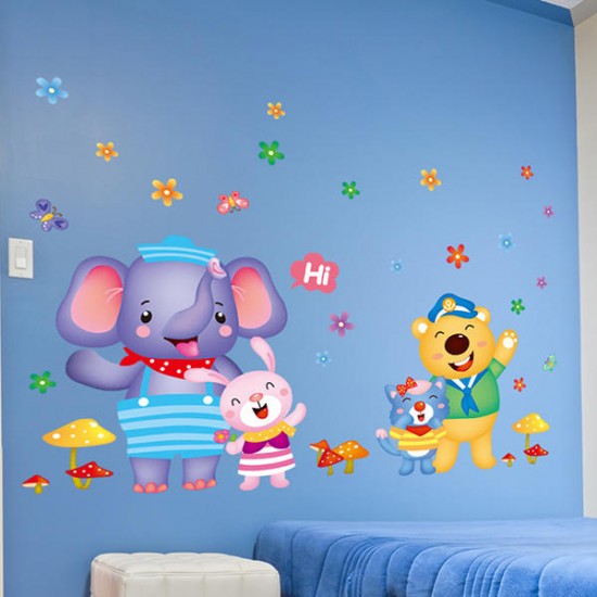 Lovely Kids Room Decor Cartoon Happy Elephant Bear Wall Sticker