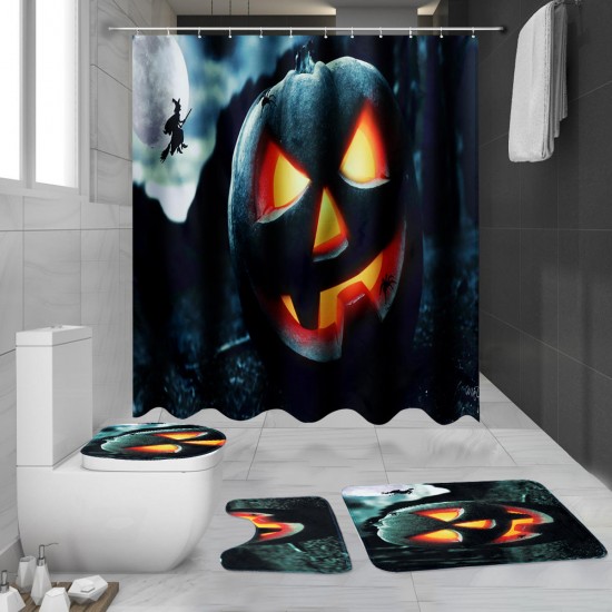 180x180cm Halloween Pumpkin Bathroom Shower Curtains Toliet Mat Rug With 12 Hooks