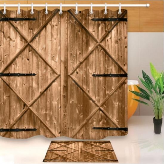 71" Creative Shower Curtain Rustic Nail Wood Barn Door Bathroom Decor Waterproof Fabric Curtain