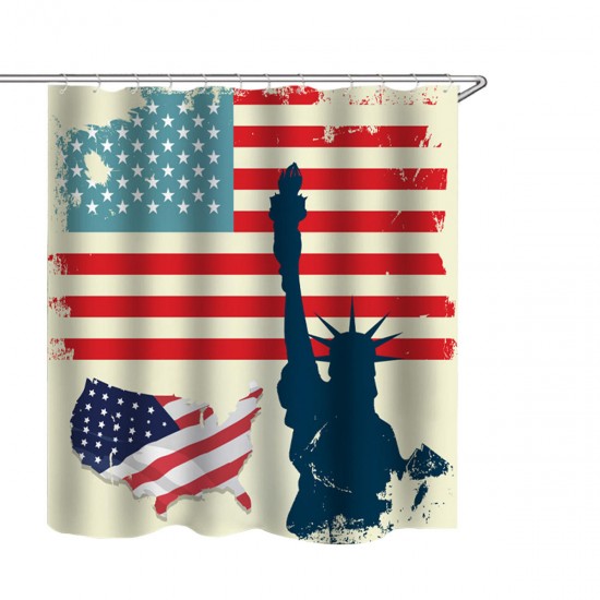 American Flag Bathroom Shower Curtain Non-Slip Rug Toilet Lid Cover Bath Mat with 12 Ring