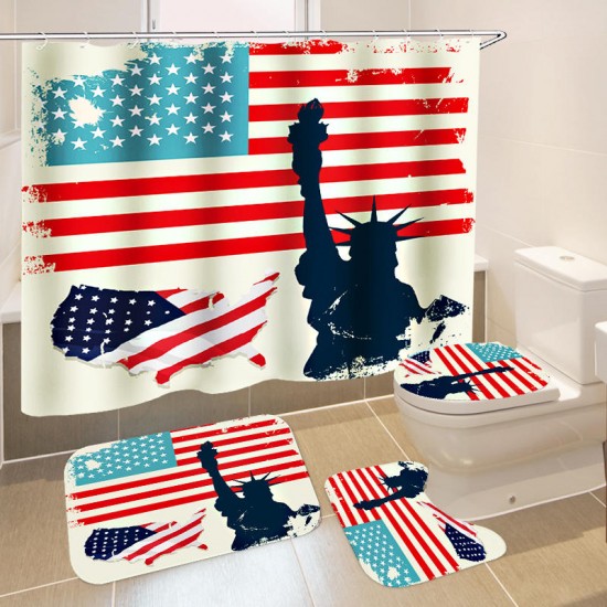 American Flag Bathroom Shower Curtain Non-Slip Rug Toilet Lid Cover Bath Mat with 12 Ring