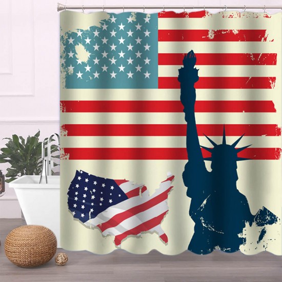 American Flag Bathroom Shower Curtain Non-Slip Rug Toilet Lid Cover Bath Mat with 12 Ring