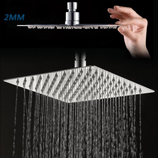 12 Inch 2mm Thin Pressurized Rotatable Rainfall Shower Head Square Stainless Steel Top Spray Head