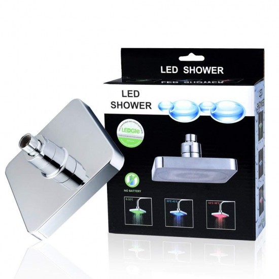 Automatic Square Shower Head Home Bathroom Rainfall Polished 7 Colors Auto Changing LED Light