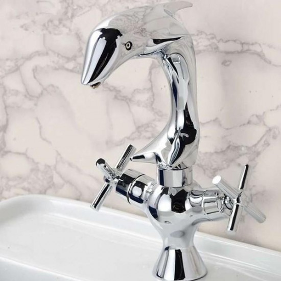 Creative Dolphin Shape Double Handle Basin Sink Mixer Tap Chrome Finish Faucet