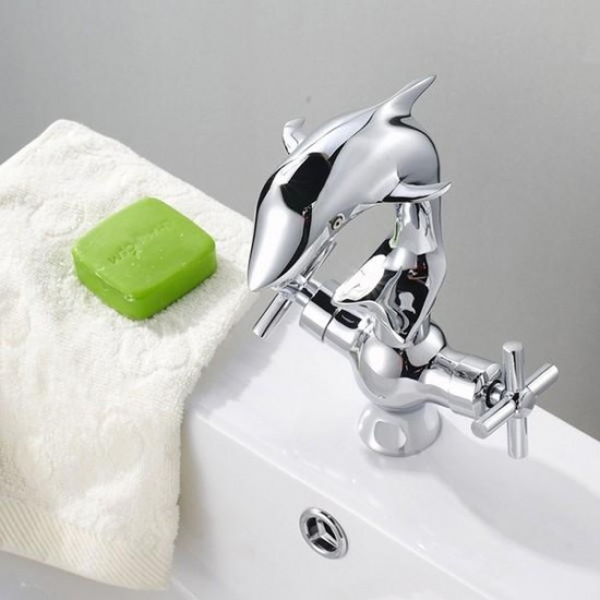 Creative Dolphin Shape Double Handle Basin Sink Mixer Tap Chrome Finish Faucet