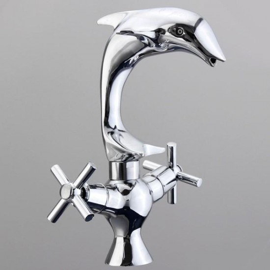 Creative Dolphin Shape Double Handle Basin Sink Mixer Tap Chrome Finish Faucet