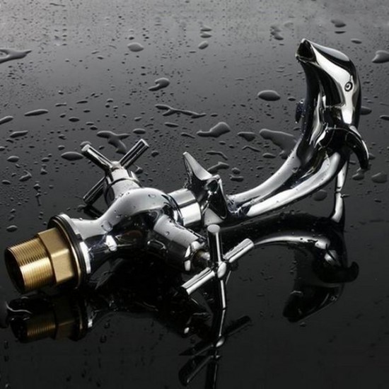 Creative Dolphin Shape Double Handle Basin Sink Mixer Tap Chrome Finish Faucet