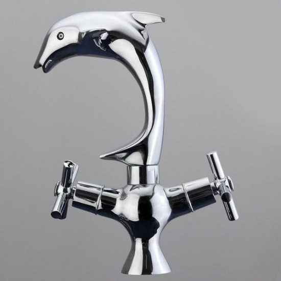 Creative Dolphin Shape Double Handle Basin Sink Mixer Tap Chrome Finish Faucet