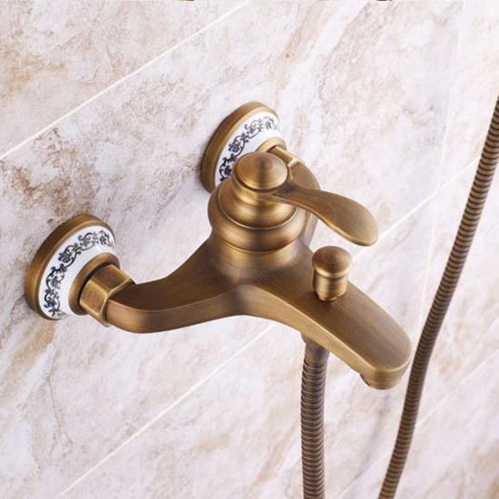 Antique Brass Shower Head Bathroom Tub Faucet Hand Held Tap Spray Waterfall Set