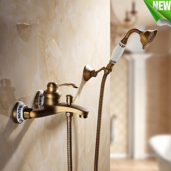 Antique Brass Shower Head Bathroom Tub Faucet Hand Held Tap Spray Waterfall Set