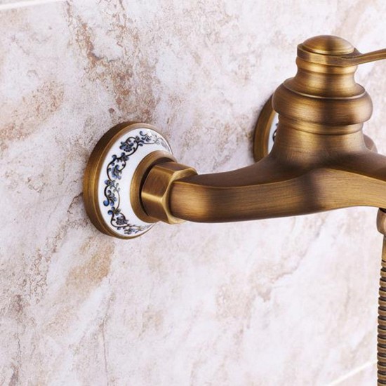 Antique Brass Shower Head Bathroom Tub Faucet Hand Held Tap Spray Waterfall Set