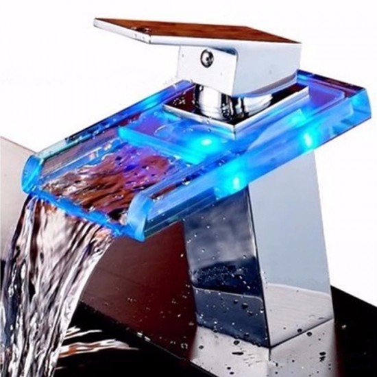 Bathroom LED Waterfall Faucet Sink Hot Cold Mixer Tap Temperature Control Light Tap