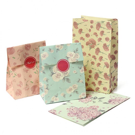 3pcs Flowers Style Paper Gift Bags Wedding Party Wrap Bags Stickers