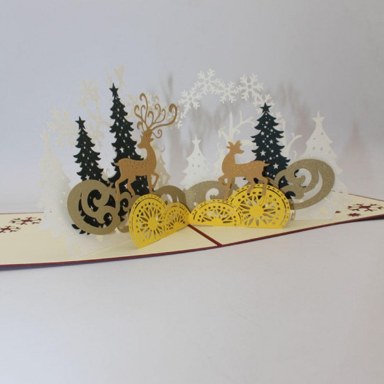 Christmas Forest Deer 3D Pop Up Greeting Card Christmas Gifts Party Greeting Card Paper Carving Gift