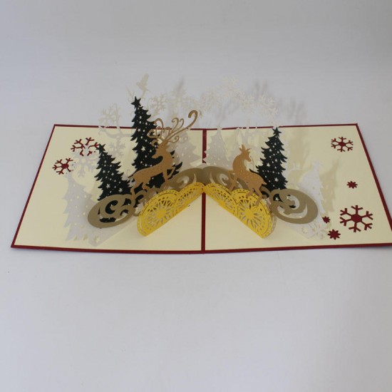 Christmas Forest Deer 3D Pop Up Greeting Card Christmas Gifts Party Greeting Card Paper Carving Gift