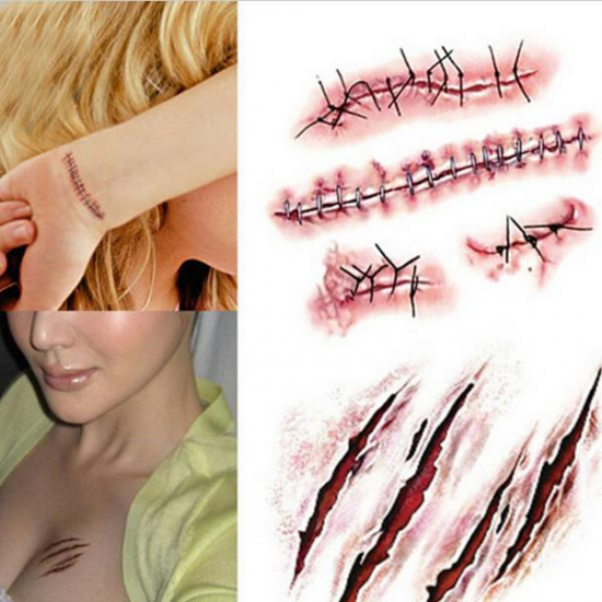 3Pcs Halloween Zombie Scars Tattoos Fake Scab Bloody Makeup Terror Wound Scary Blood Injury Sticker