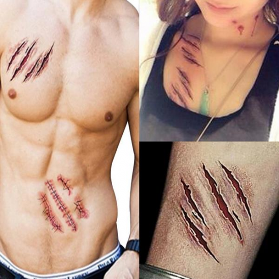 3Pcs Halloween Zombie Scars Tattoos Fake Scab Bloody Makeup Terror Wound Scary Blood Injury Sticker