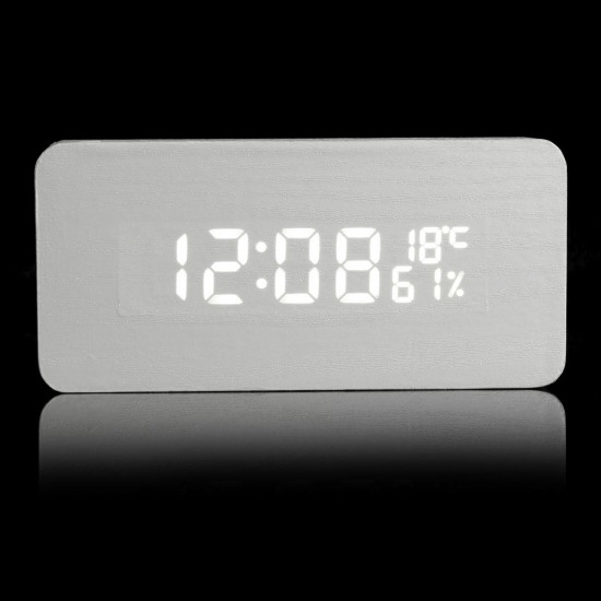 USB Voice Control Wooden Wooden Rectangle Temperature LED Digital Alarm Clock Humidity Thermometer